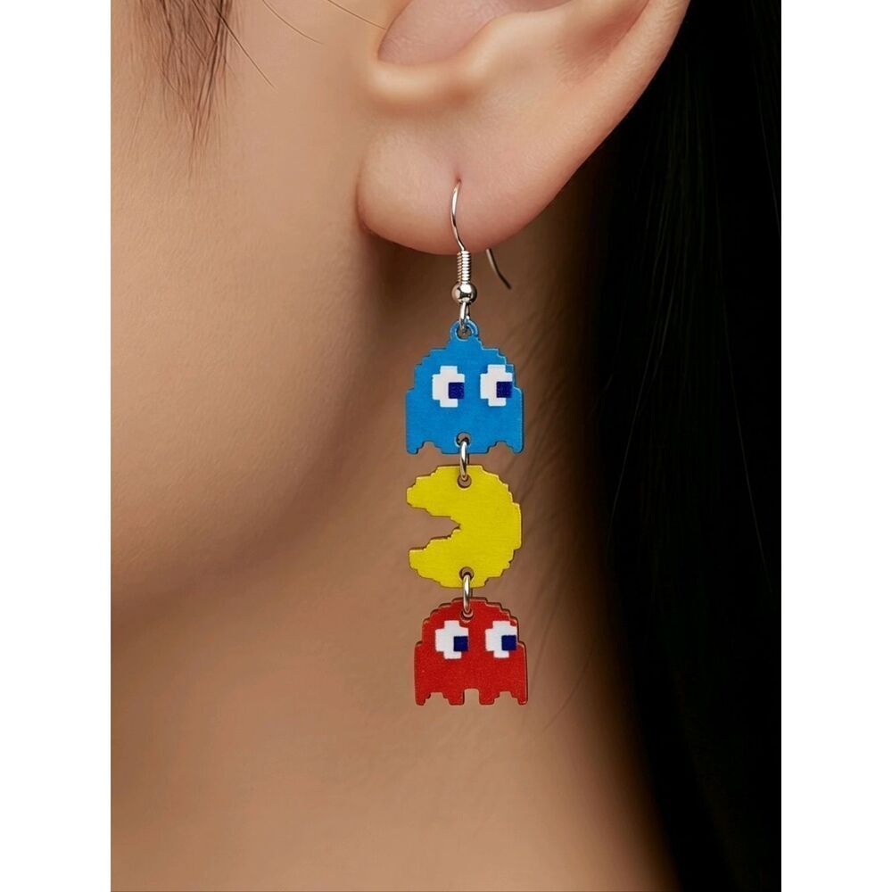 Pac-Man Arcade Game Earrings Retro Ghost Acrylic Dangle Pierced Fish Hook Gamer